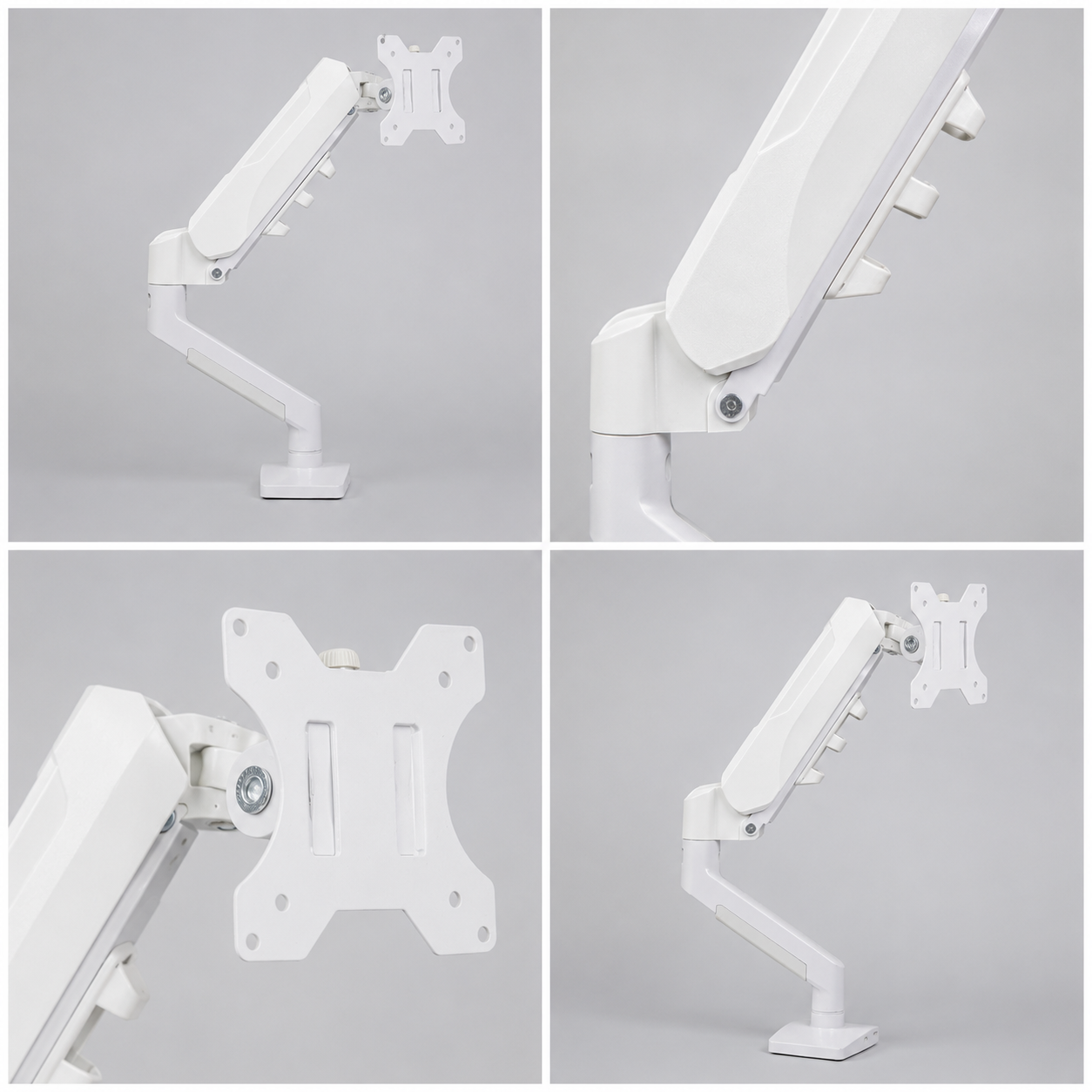 Support d'écran articulé LEFI blanc, quatre vues détaillées du bras et de la fixation VESA