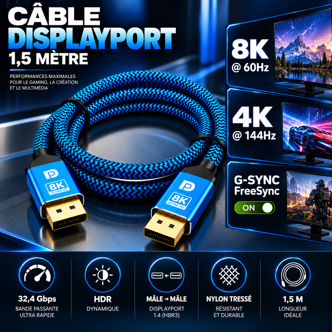 Caractéristiques du câble DisplayPort 1.4 bleu : 8K 60 Hz, 4K 144 Hz, G-Sync et FreeSync, 32,4 Gbps, HDR, nylon tressé, 1,5 m