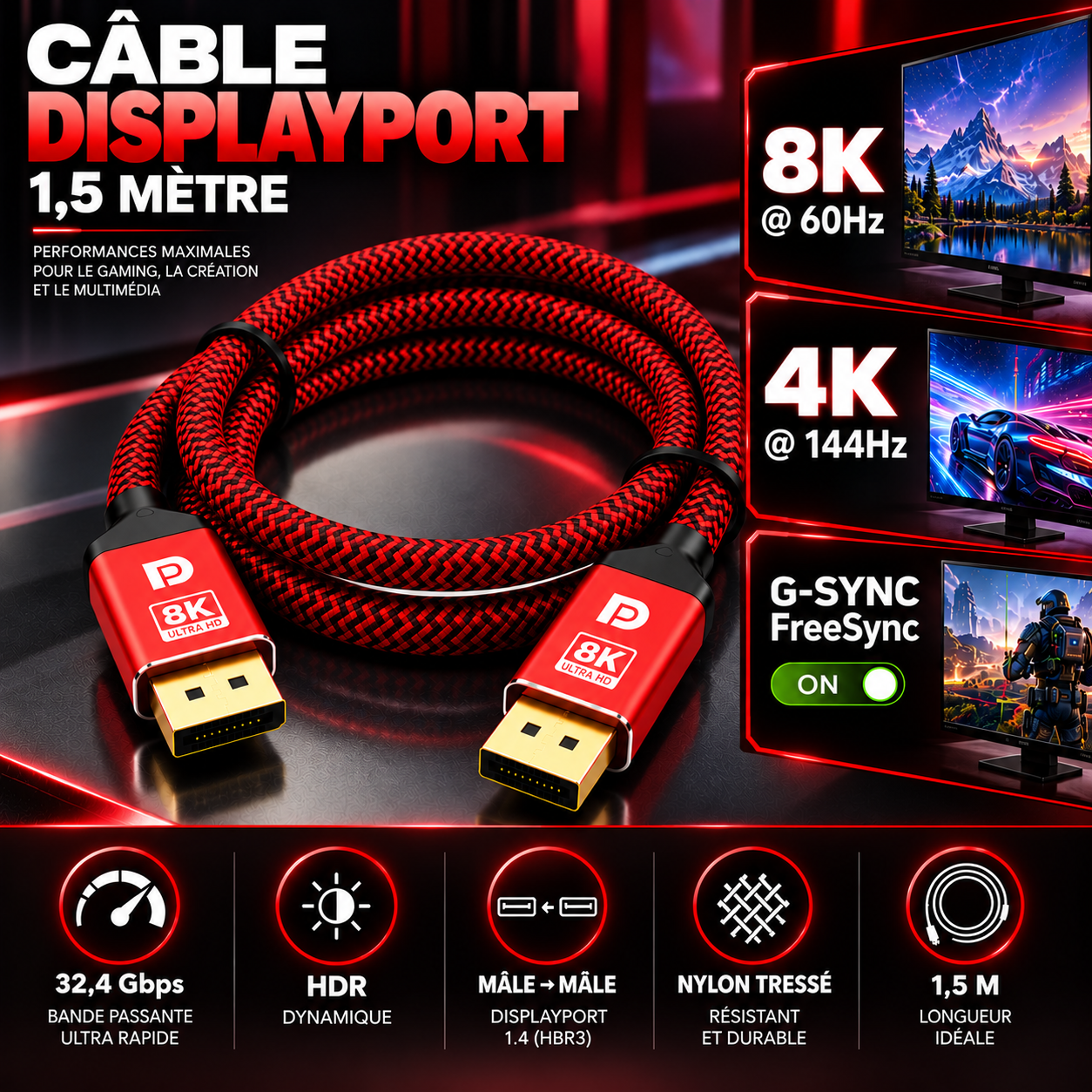 Caractéristiques du câble DisplayPort 1.4 rouge : 8K 60 Hz, 4K 144 Hz, G-Sync et FreeSync, 32,4 Gbps, HDR, nylon tressé, 1,5 m